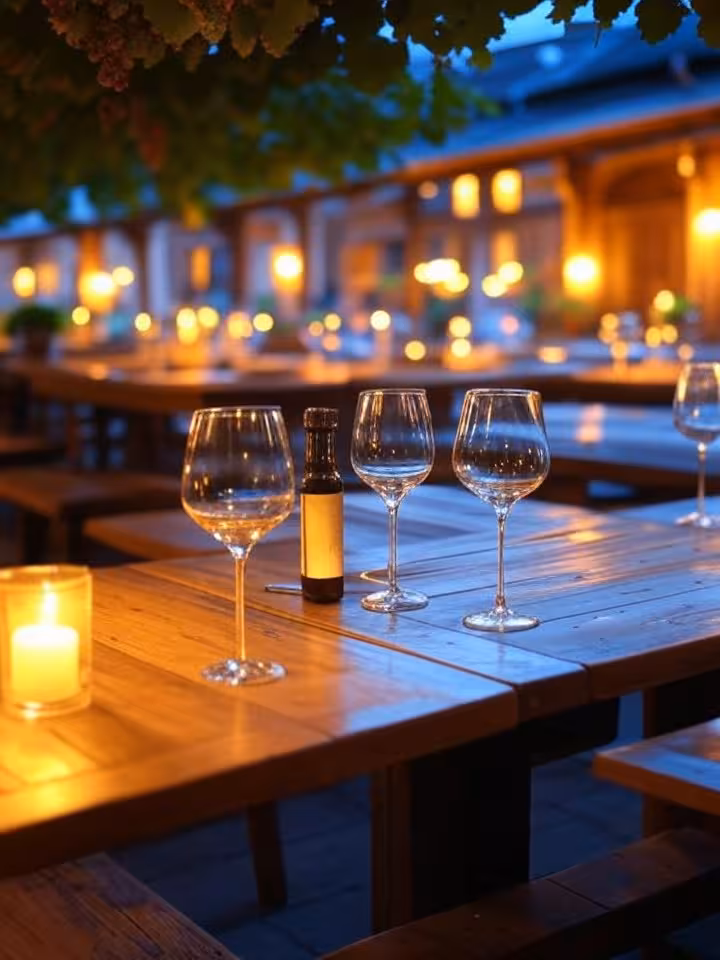 Traditioneller Heuriger in Grinzing bei Abenddämmerung mit Weinreben und Kerzenlicht