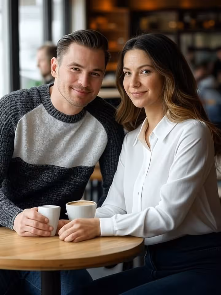 Junges Paar auf Augenhöhe beim Date in österreichischem Café – typisches Sugar Dating mit jungem Daddy